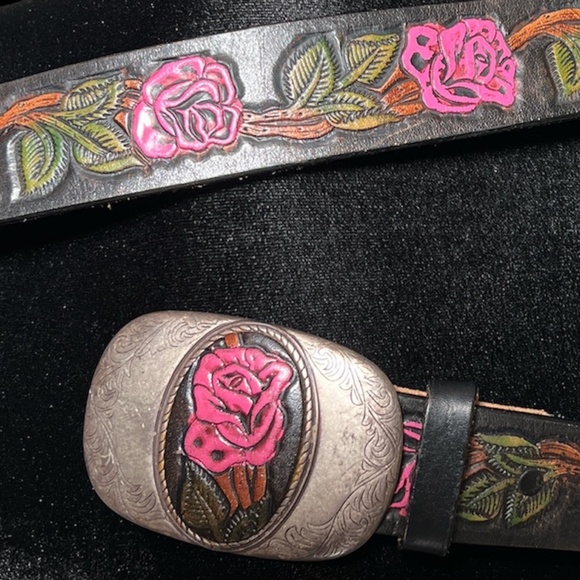 Pink Rose -  Metal Buckle Black Leather Belt -